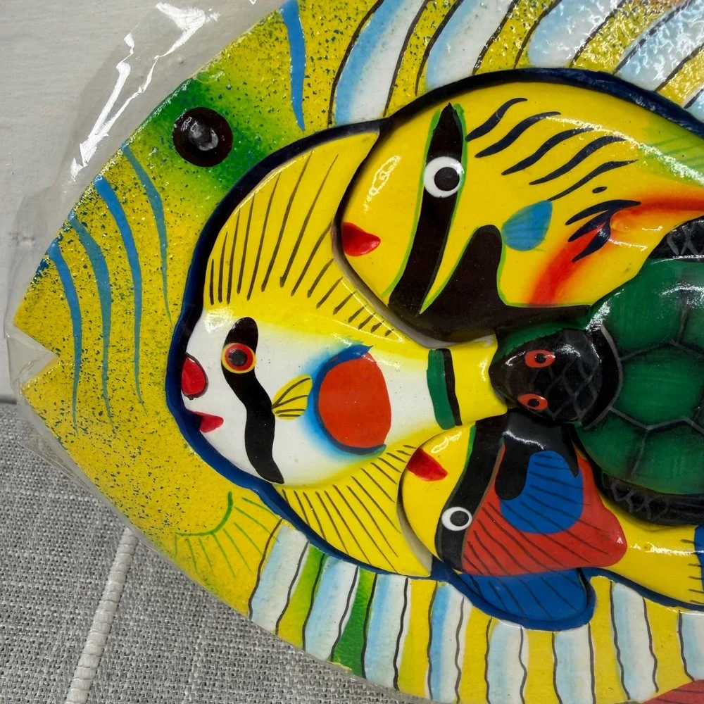 Painted Wood Fish Shape Puzzle Colorful 5‎ Pieces Ocean Nautical Made in India